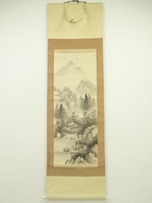 元舟筆　水墨山水　肉筆絹本掛軸